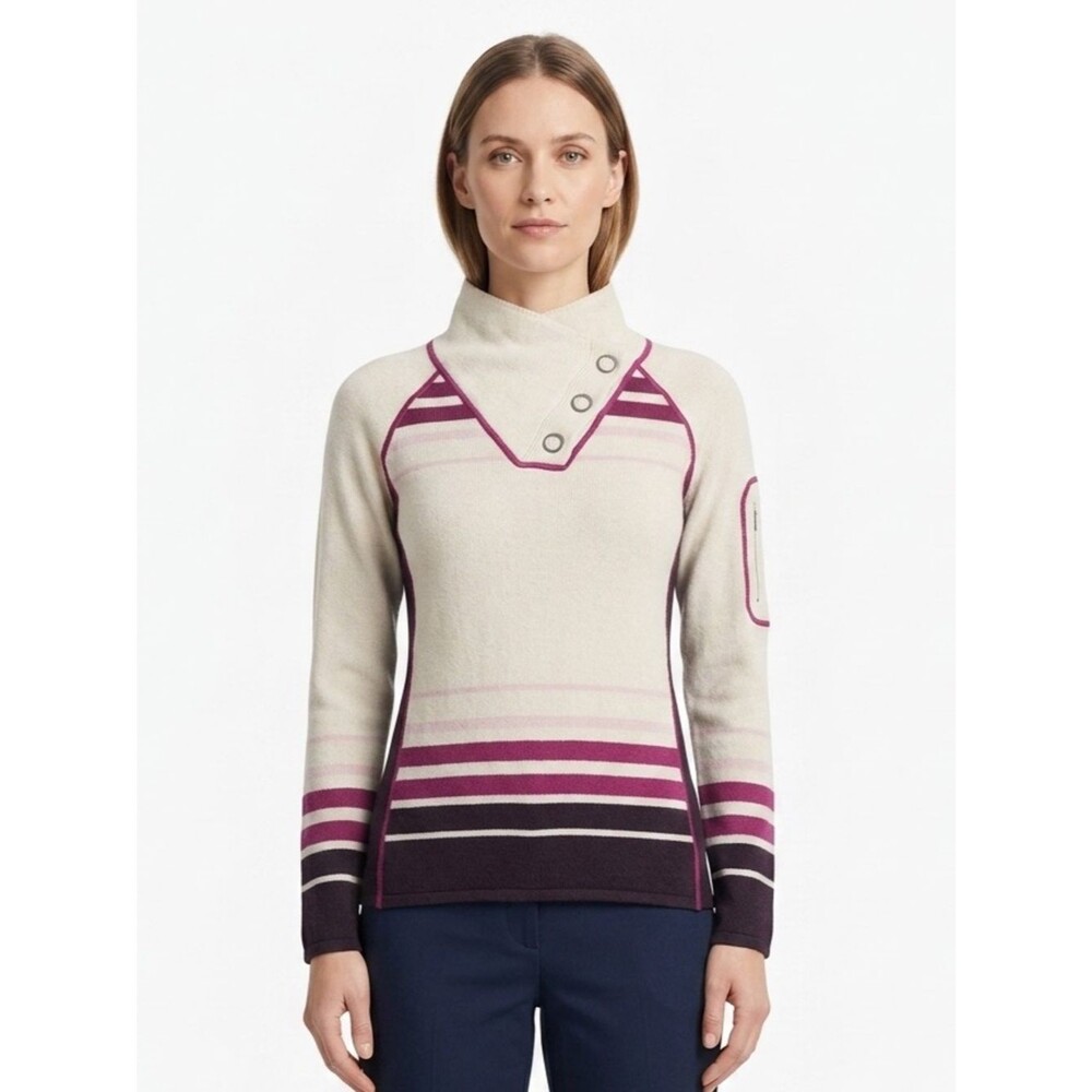 DAKINI Wool Blend Striped Asymmetric Button Collar Sweater Cream Purple Size Med